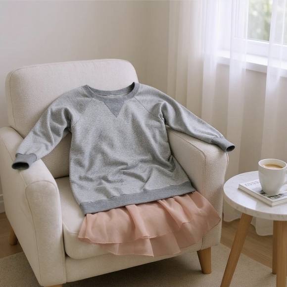 BCBGeneration ✦ Gray Sweatshirt Dress ✦ Peach Sheer Slip Layered Hem Sz S EUC - Picture 14 of 16